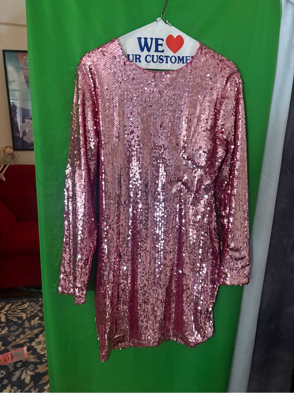 superdown Rose Pink Sequin Long Sleeve Mini Dress